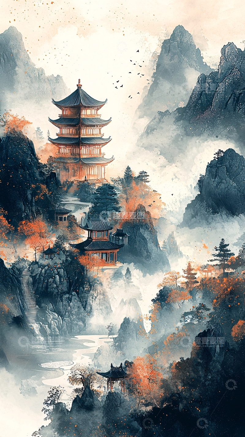 高清大图下载【趣麦麦图】水墨风格的山中楼阁