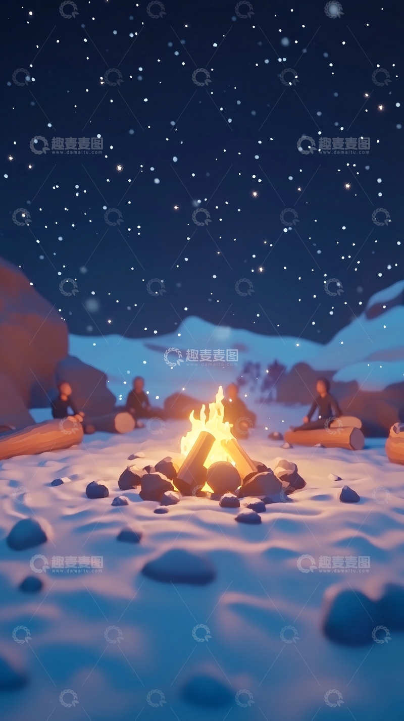 高清大图下载【趣麦麦图】冬夜篝火营地雪景