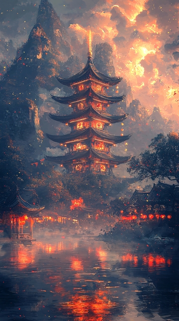 水面倒影中的日式宝塔