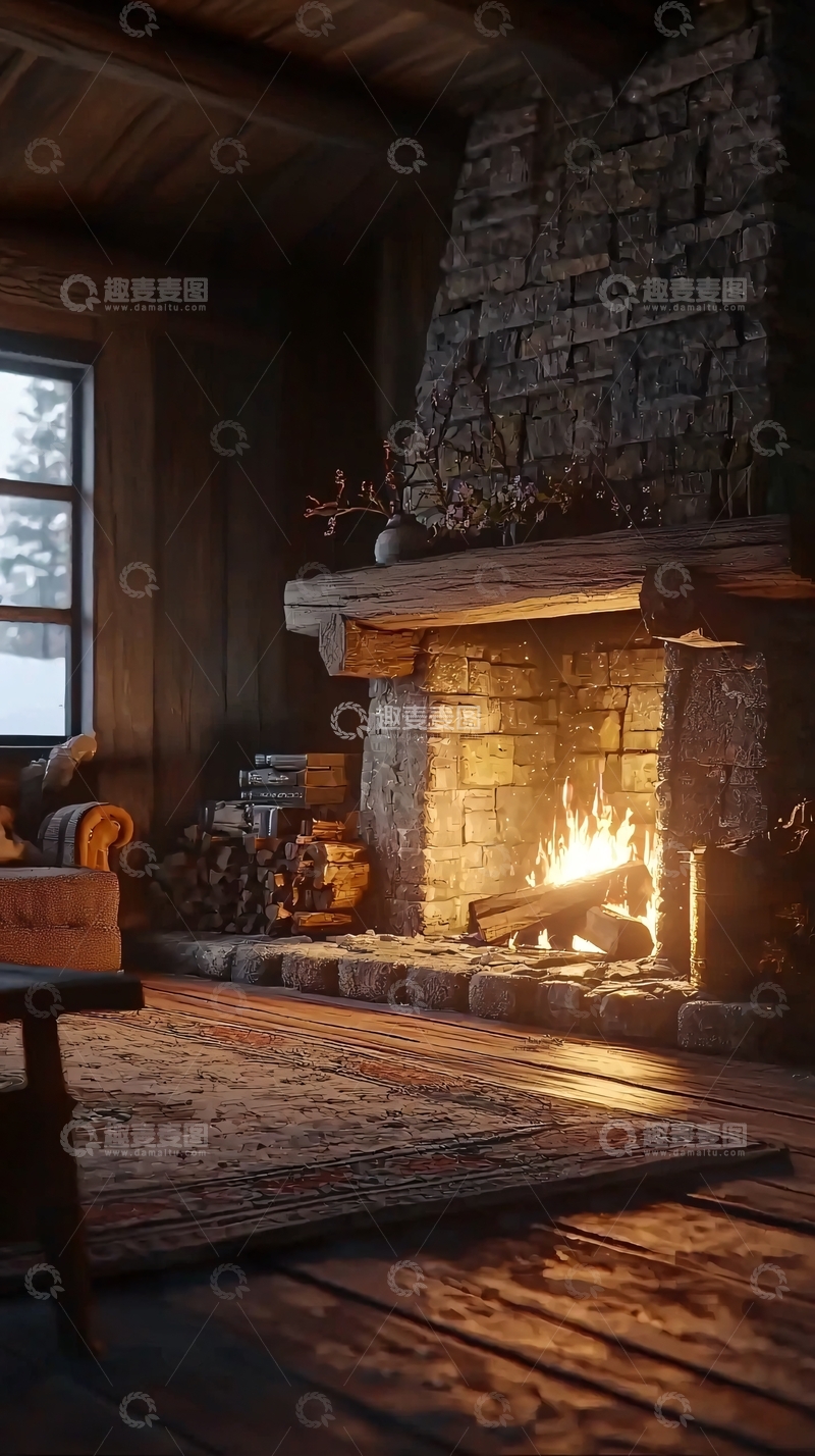 高清大图下载【趣麦麦图】温暖舒适的乡村木屋壁炉