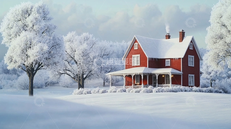 高清大图下载【趣麦麦图】雪中红色农舍
