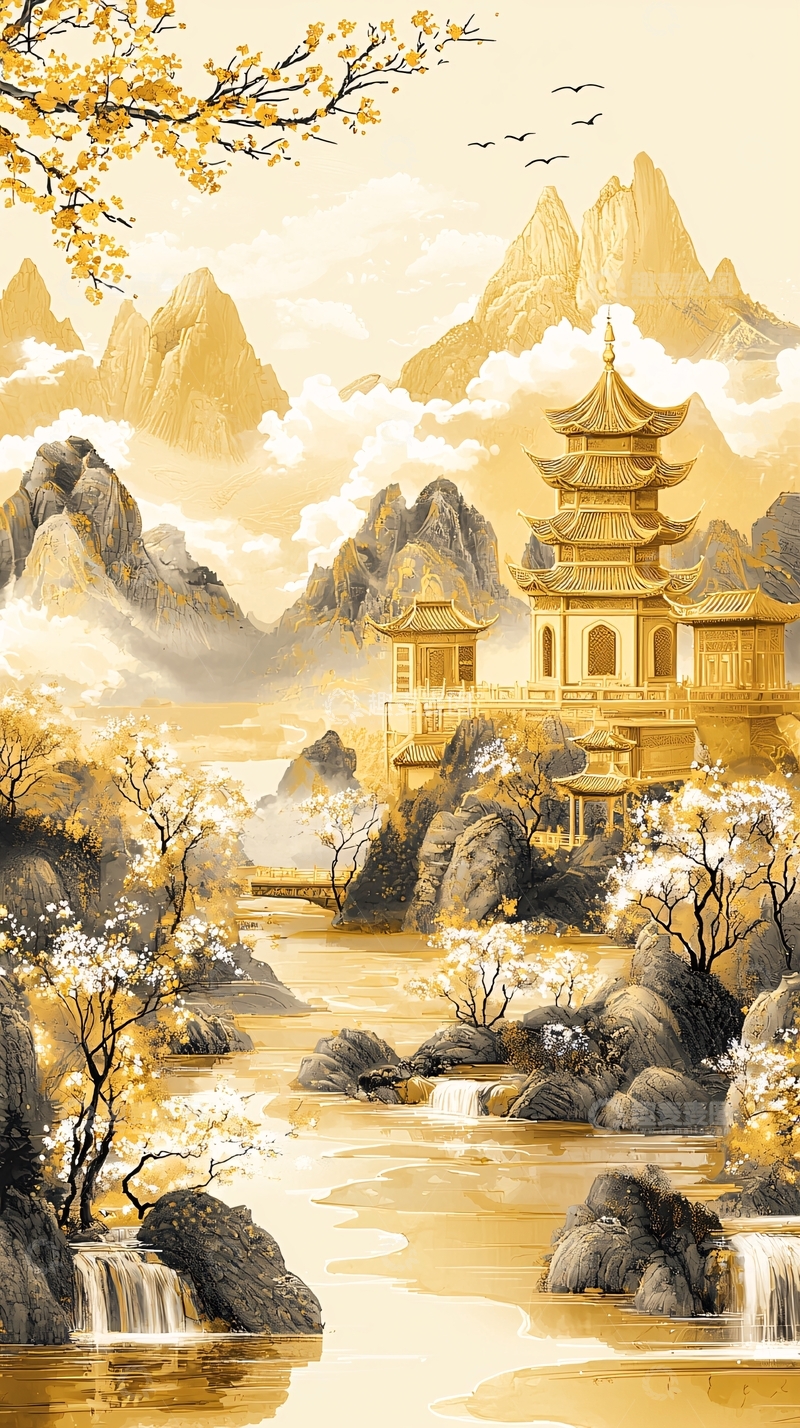 高清大图下载【趣麦麦图】金色山水画卷