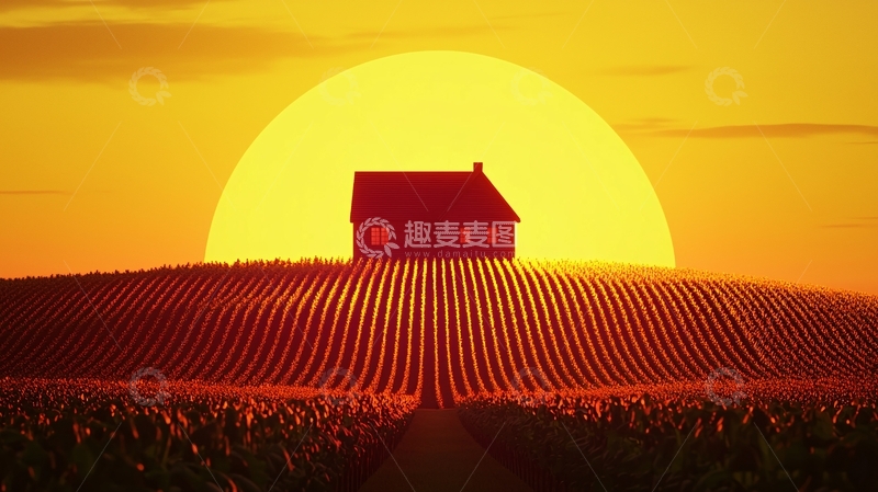 高清大图下载【趣麦麦图】日落下的田园小屋