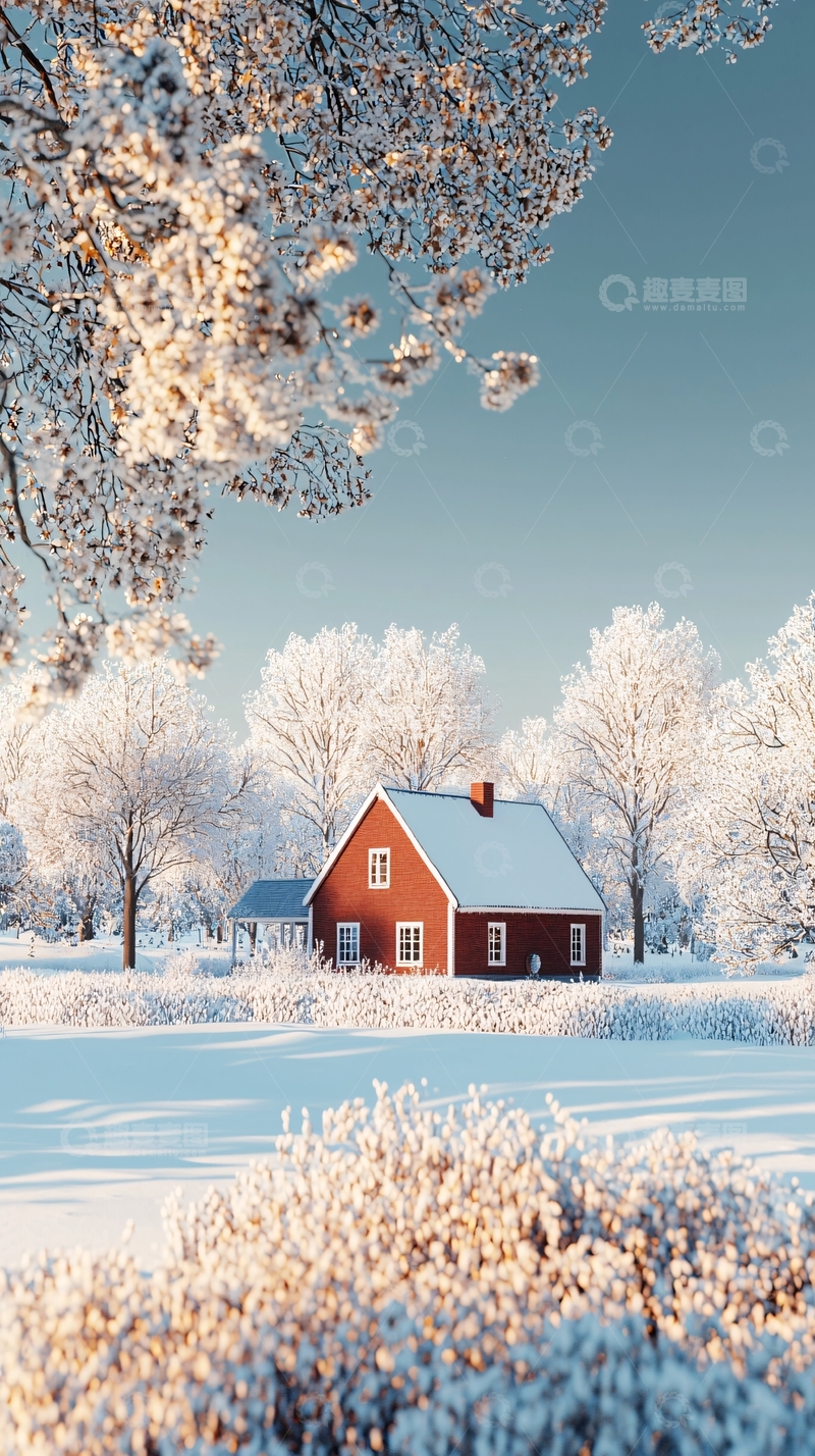 高清大图下载【趣麦麦图】冬日红房子雪景