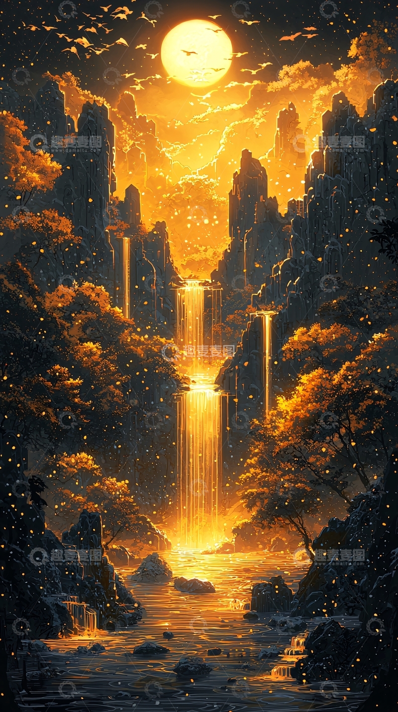 高清大图下载【趣麦麦图】金色月光下的瀑布山水