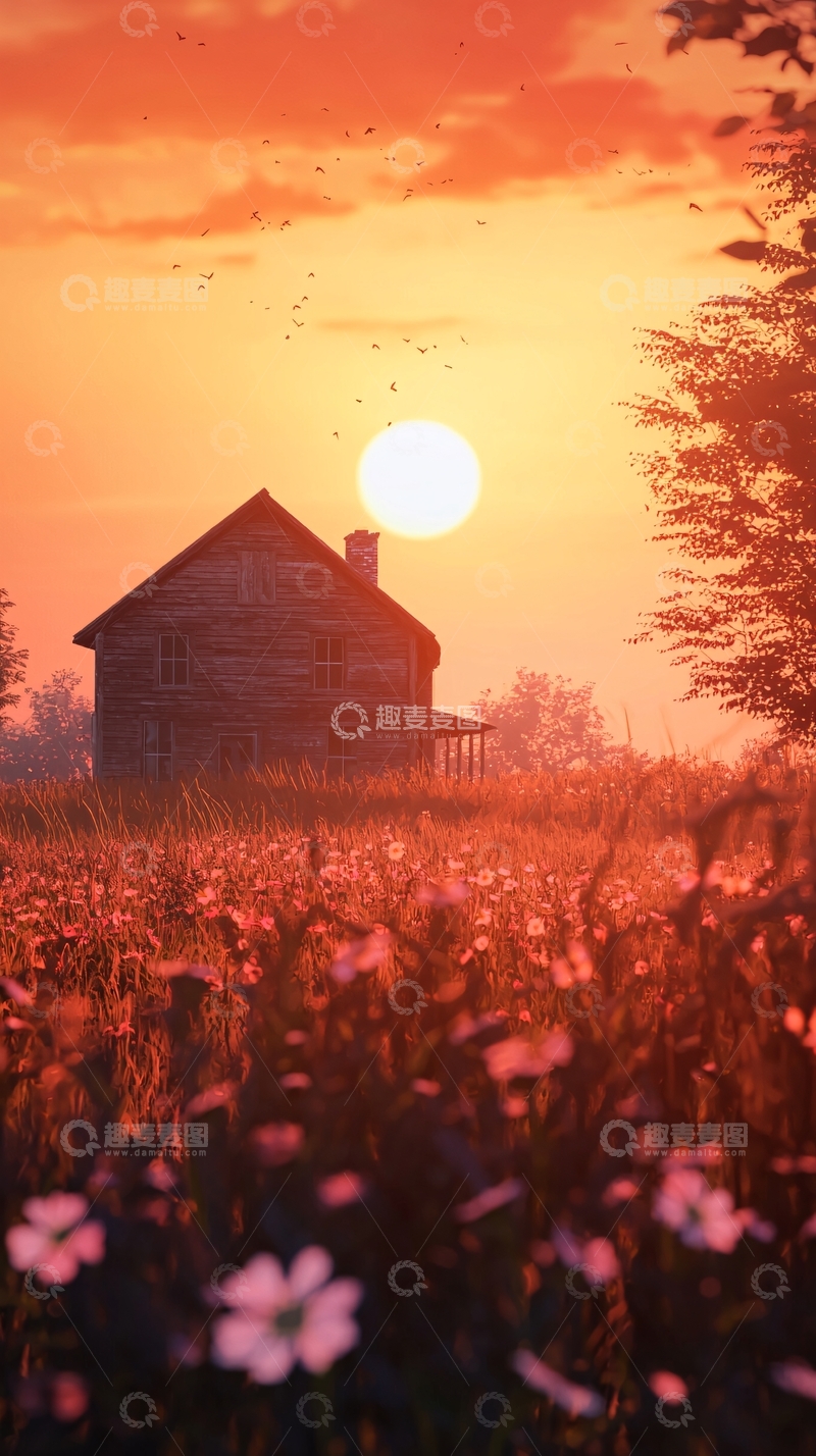 高清大图下载【趣麦麦图】夕阳下的老房子
