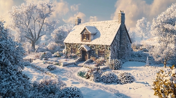 冬日雪景下的石屋