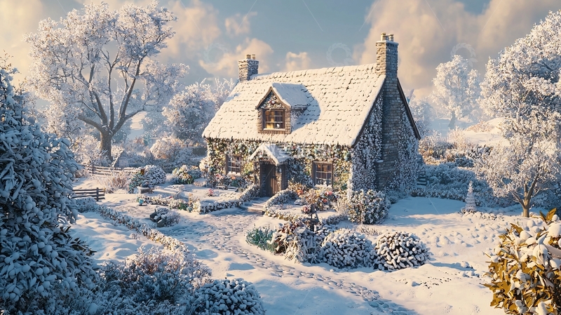 高清大图下载【趣麦麦图】冬日雪景下的石屋