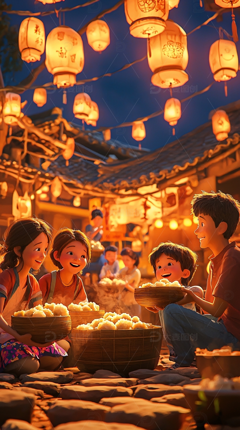 高清大图下载【趣麦麦图】夜晚灯笼下的孩子们