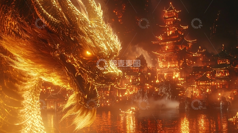 高清大图下载【趣麦麦图】金色巨龙盘踞在东方城市上空