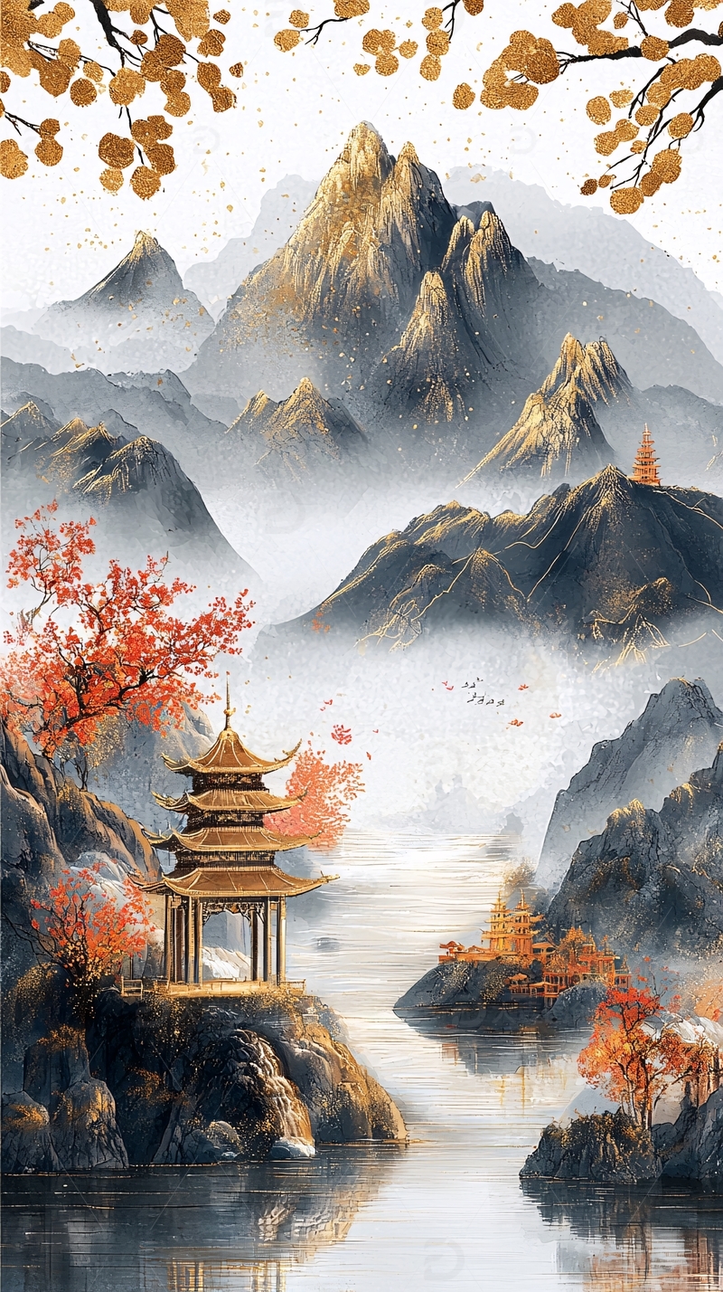 水墨山水亭台楼阁秋色