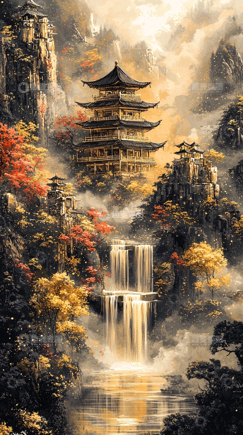 高清大图下载【趣麦麦图】古风山水楼阁瀑布唯美