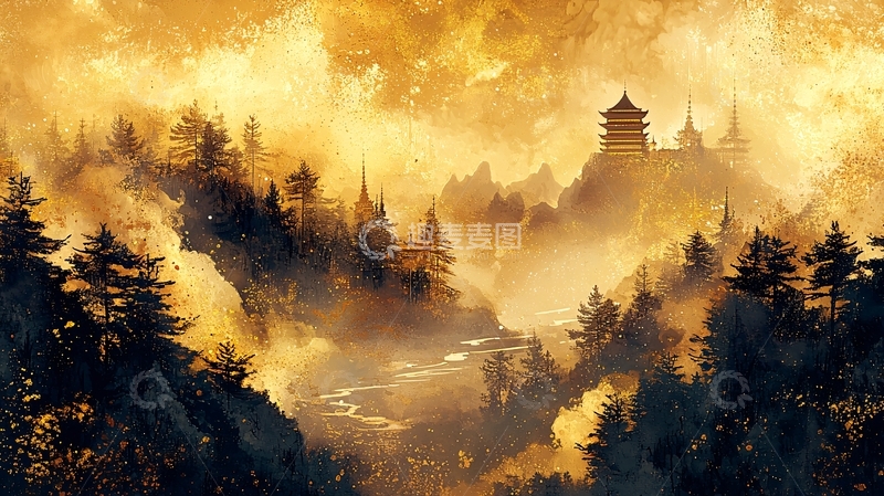 高清大图下载【趣麦麦图】金色山峰古塔晨雾