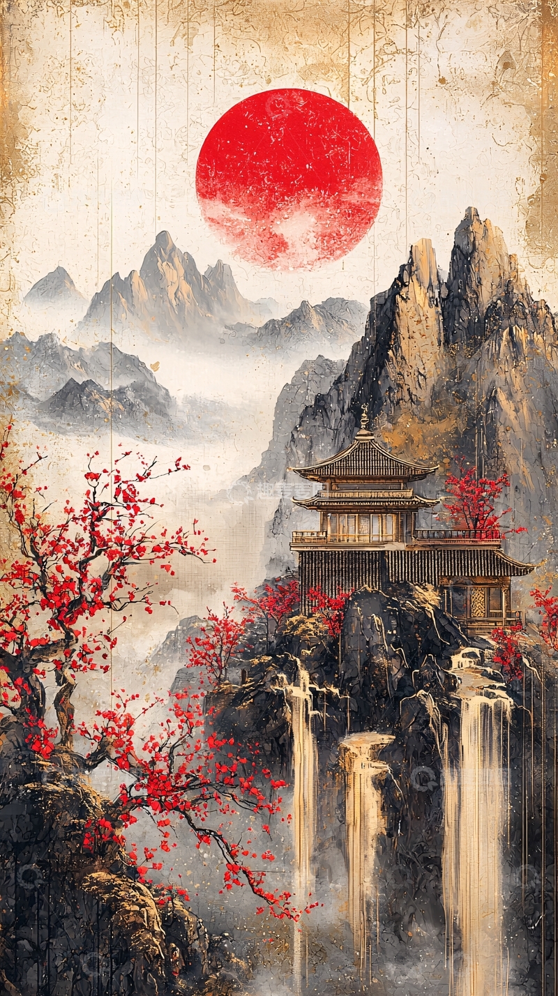 高清大图下载【趣麦麦图】水墨山水红日建筑意境