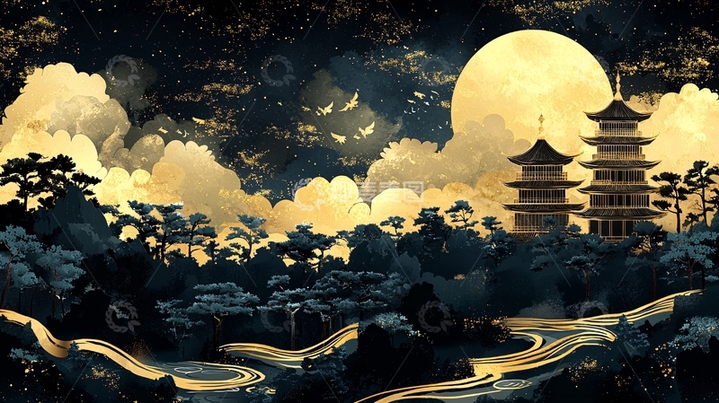 高清大图下载【趣麦麦图】月夜下的东方建筑群