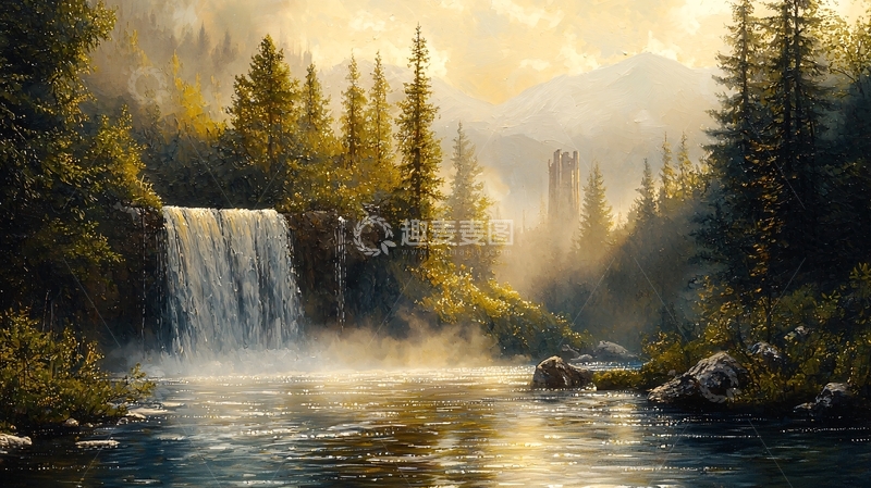 高清大图下载【趣麦麦图】清晨阳光下的瀑布森林