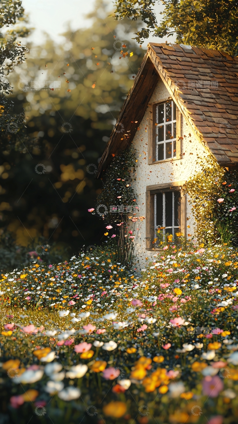 高清大图下载【趣麦麦图】阳光洒在花丛中的小屋