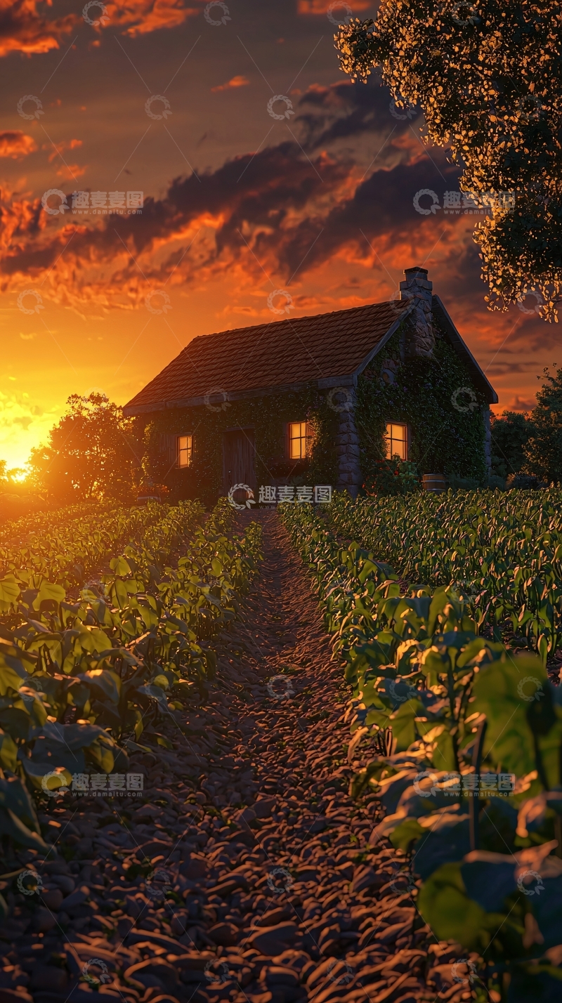 高清大图下载【趣麦麦图】夕阳西下田园小屋