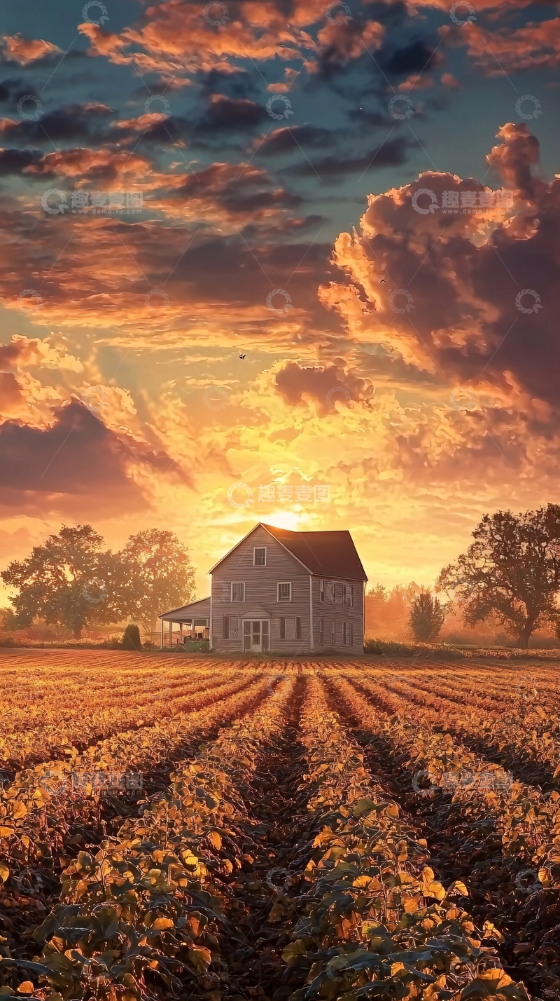 高清大图下载【趣麦麦图】日落乡间农舍风景