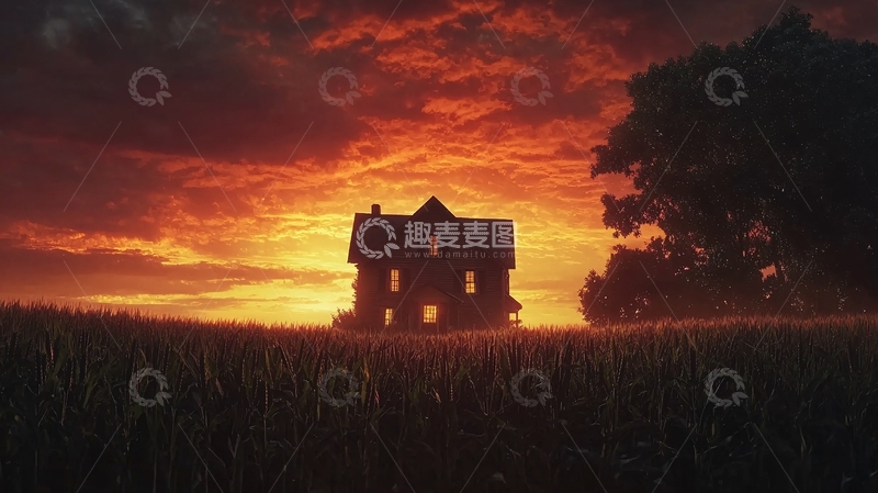 高清大图下载【趣麦麦图】日落下的农场老宅