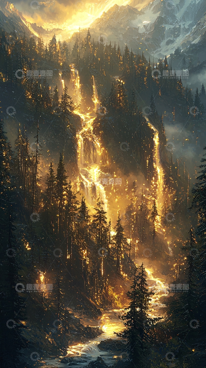 高清大图下载【趣麦麦图】金色光芒下的山间瀑布