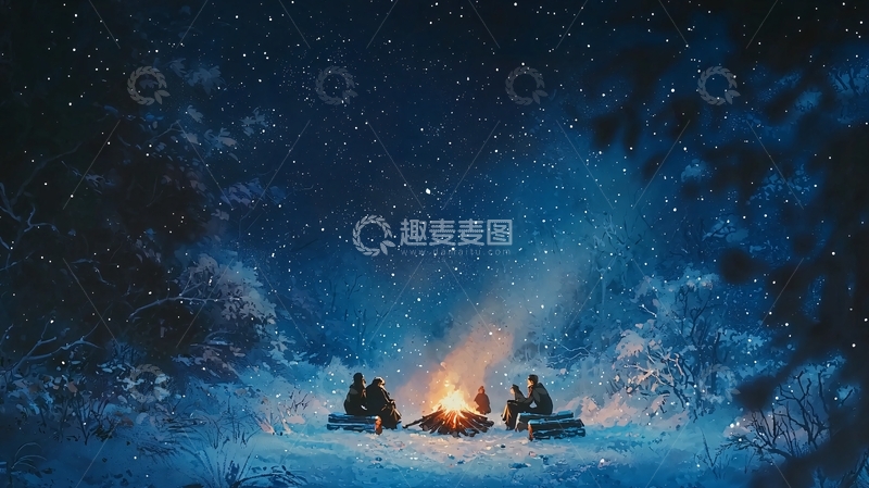 高清大图下载【趣麦麦图】极夜篝火雪地四人