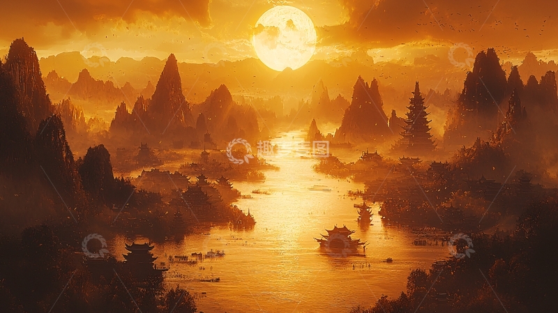 高清大图下载【趣麦麦图】金色山川河流夕阳景色