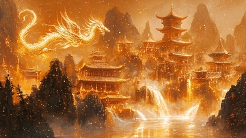 金色龙盘旋在古老东方建筑群之上