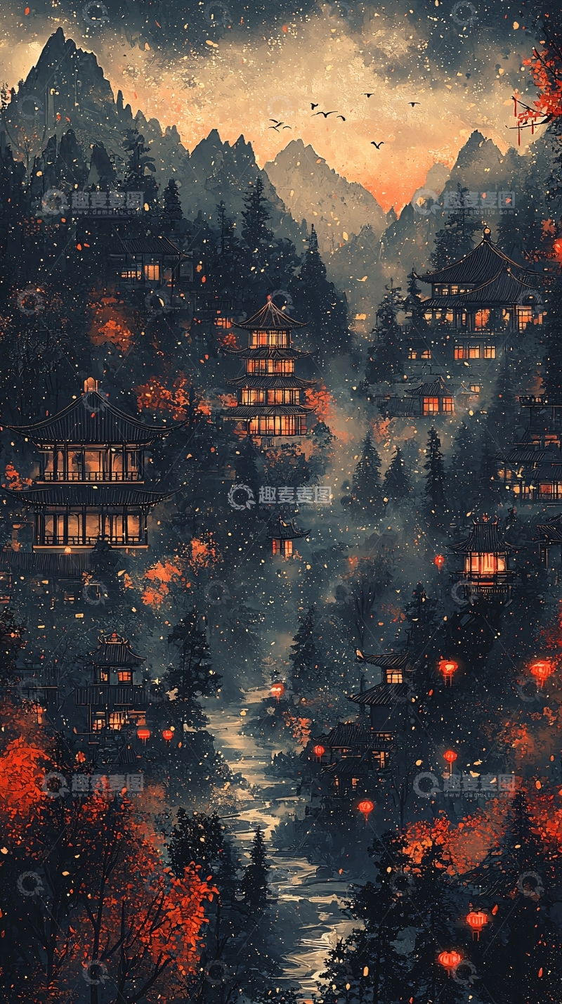 高清大图下载【趣麦麦图】雪夜山村