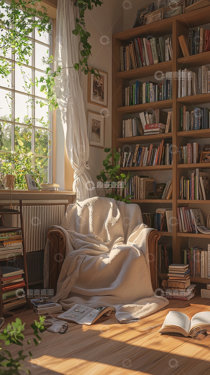 高清大图下载【趣麦麦图】阳光洒进书房的舒适角落