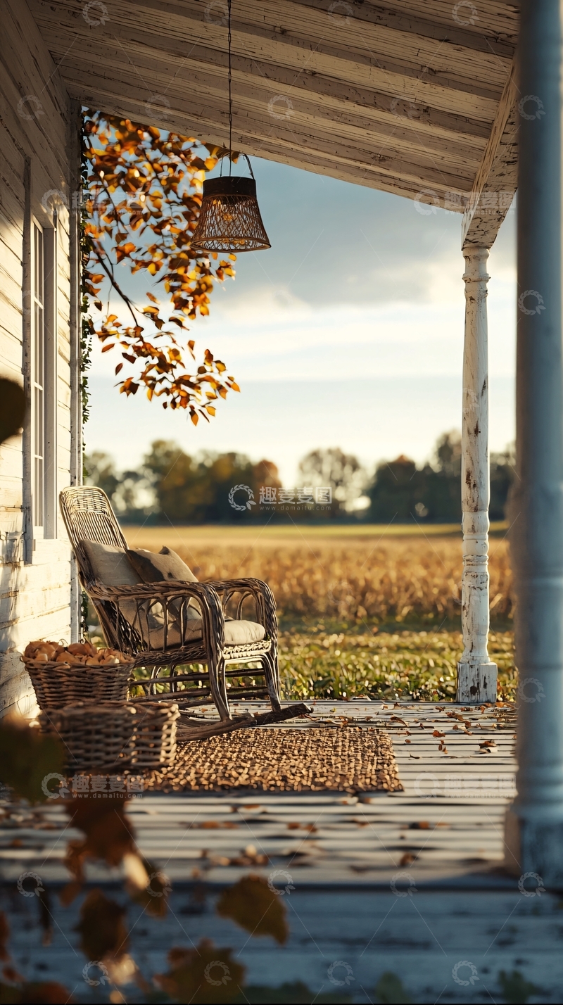 高清大图下载【趣麦麦图】秋日田园乡村小屋摇椅