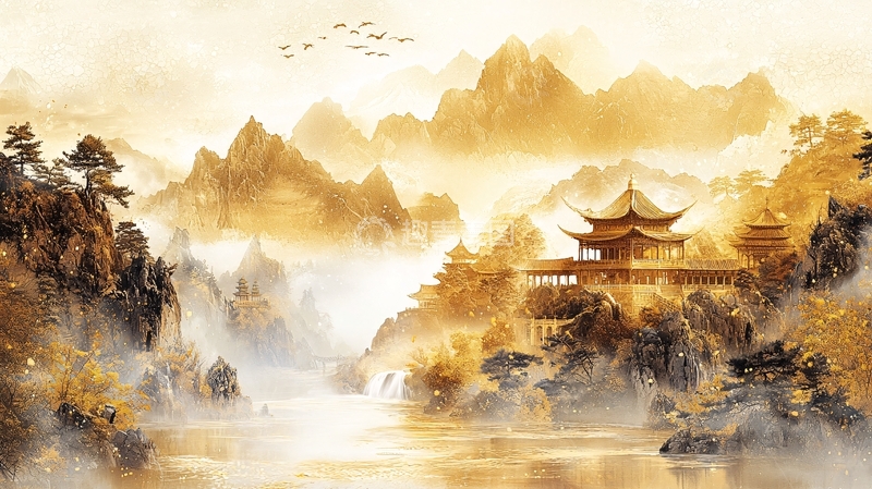 高清大图下载【趣麦麦图】水墨山水画风古建筑