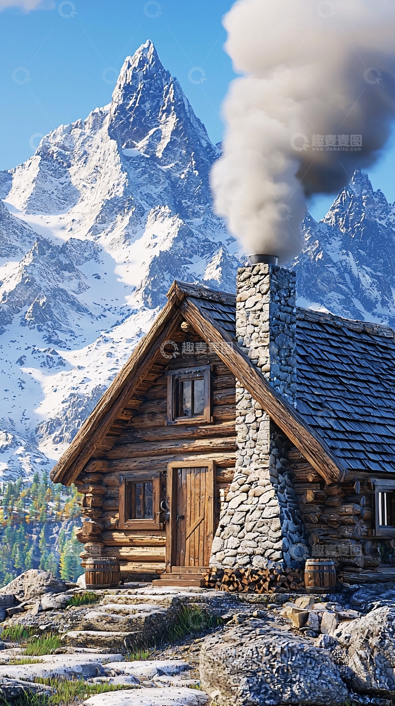 高清大图下载【趣麦麦图】雪山木屋