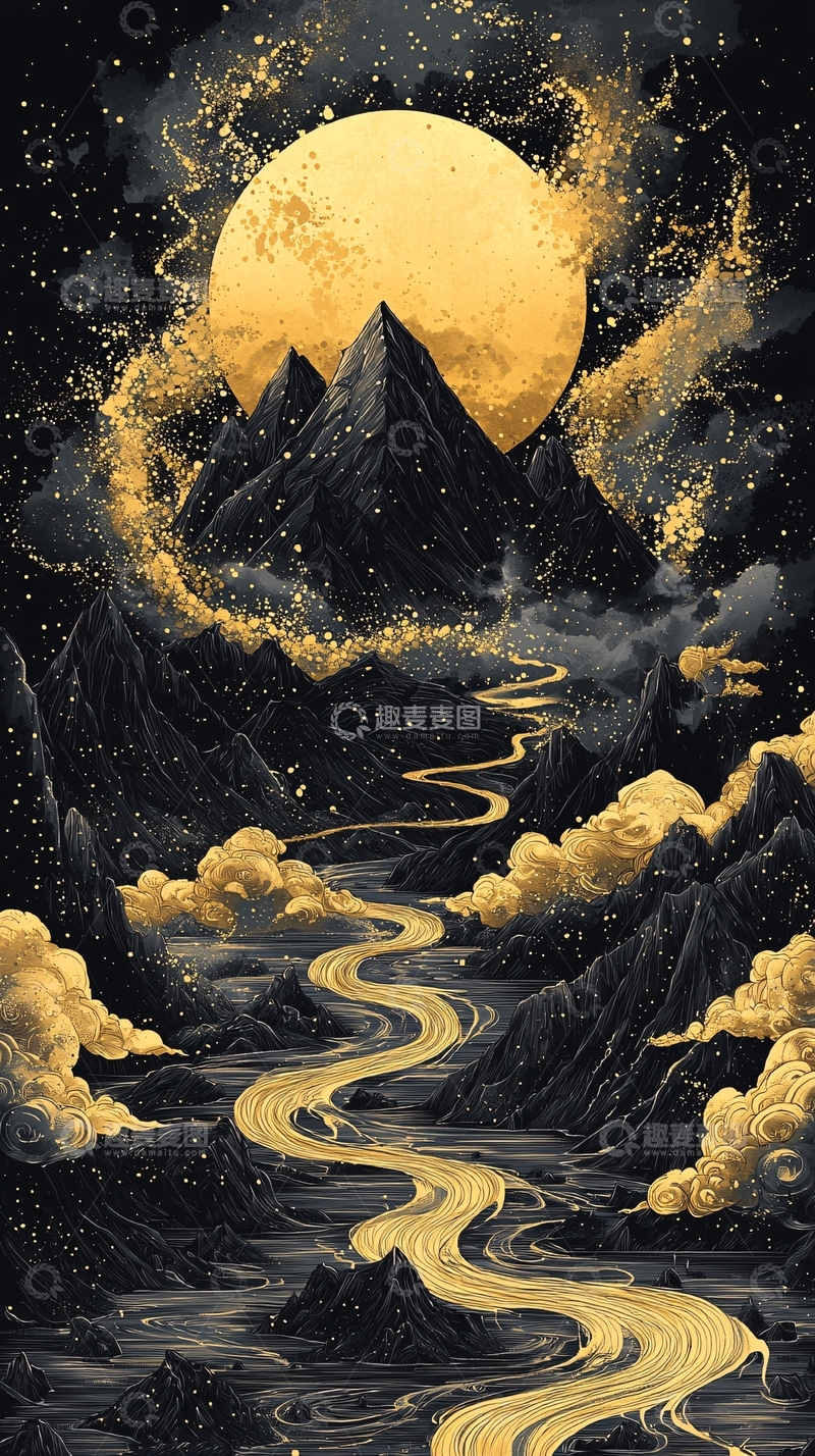 高清大图下载【趣麦麦图】金色月亮下的山脉河流