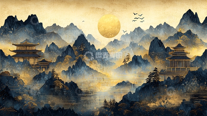 高清大图下载【趣麦麦图】东方山水楼阁金色太阳