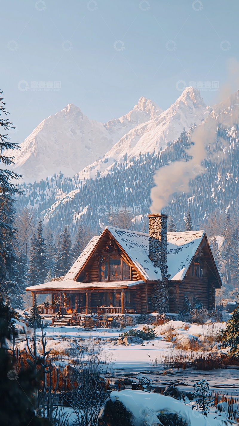 高清大图下载【趣麦麦图】雪山木屋冬日风景