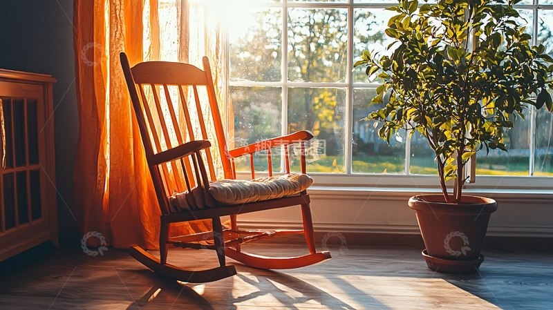 高清大图下载【趣麦麦图】阳光透过窗帘洒在摇椅上