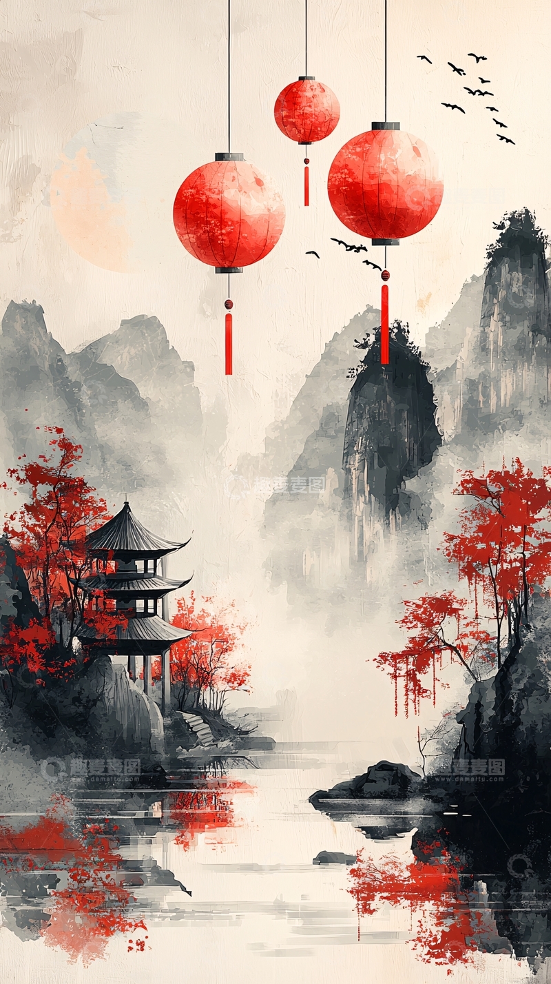 高清大图下载【趣麦麦图】国风灯笼山水