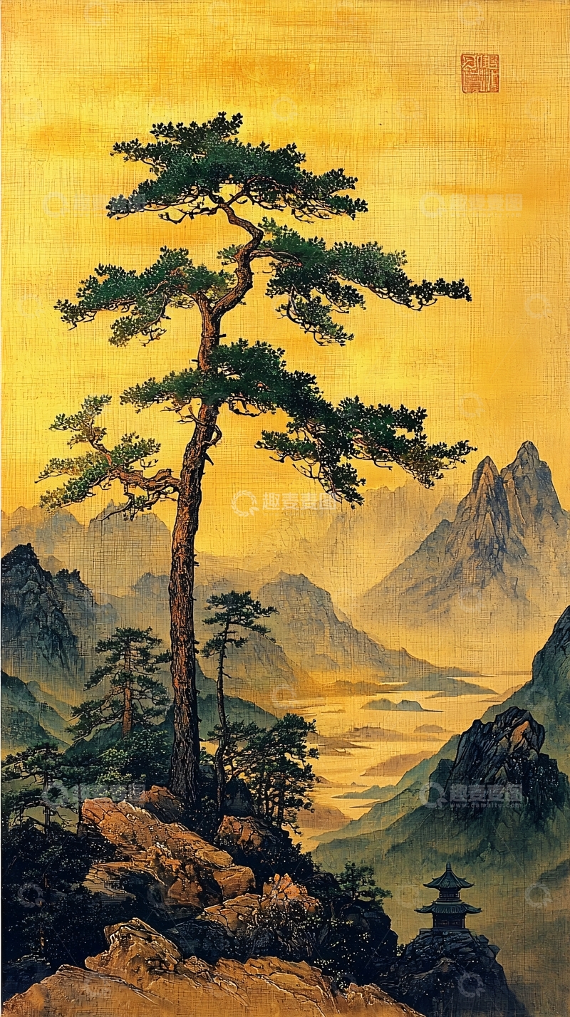 高清大图下载【趣麦麦图】夕阳下的山峦松树风景画