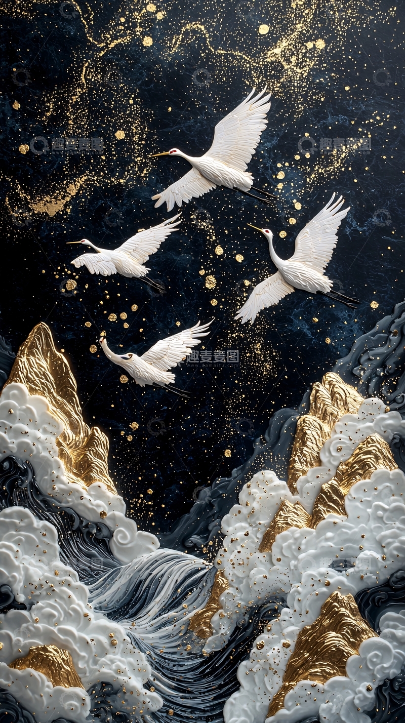 高清大图下载【趣麦麦图】金色山峰白鹤图