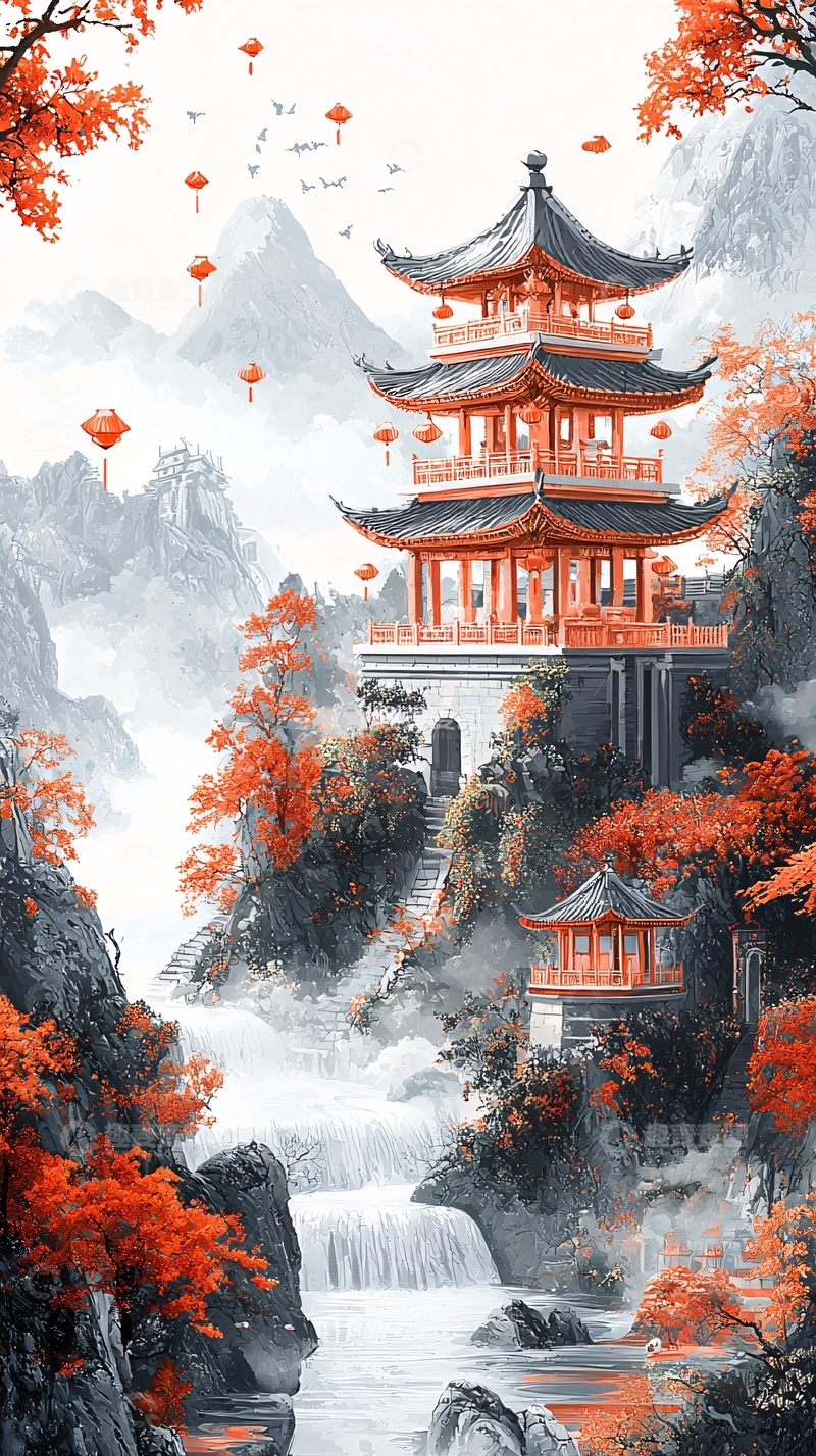 高清大图下载【趣麦麦图】中国风水墨山水亭台楼阁