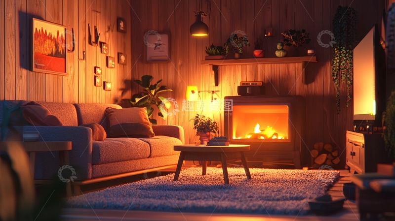 高清大图下载【趣麦麦图】温暖舒适的木质小屋客厅