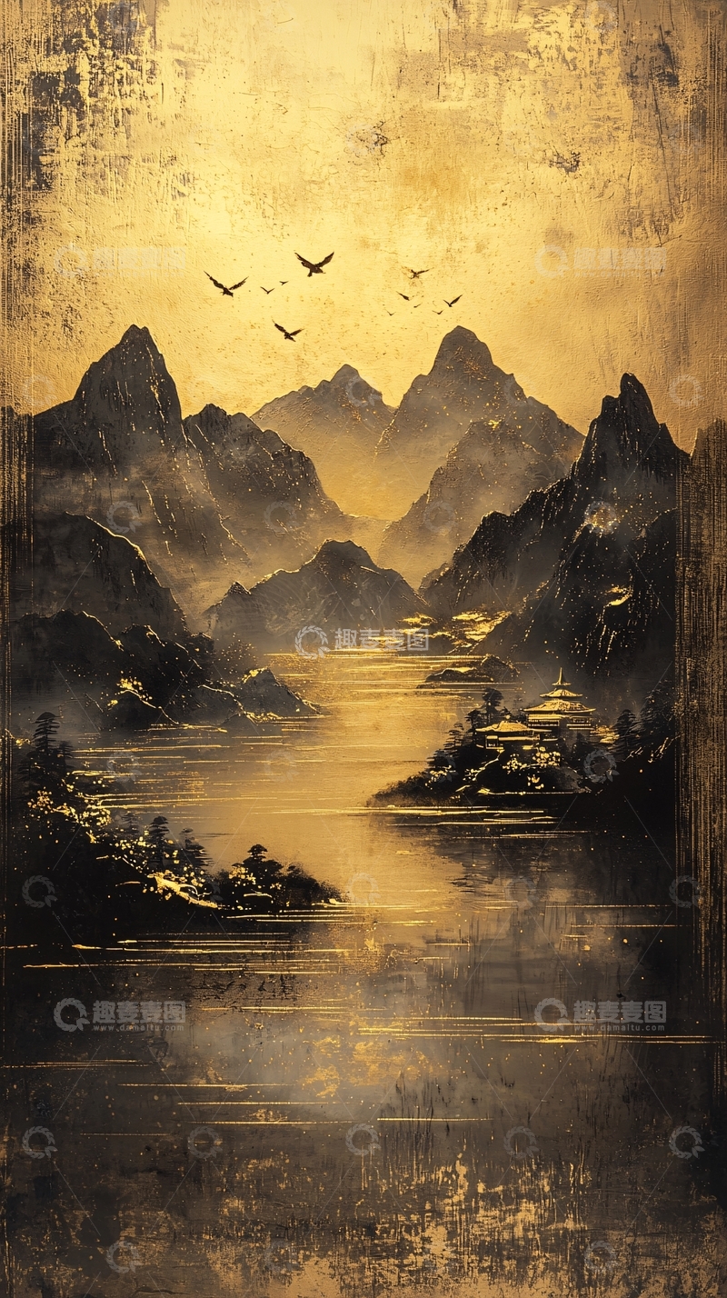 高清大图下载【趣麦麦图】水墨金色山水风景