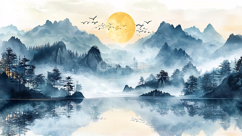 高清大图下载【趣麦麦图】水墨山水间的日出美景