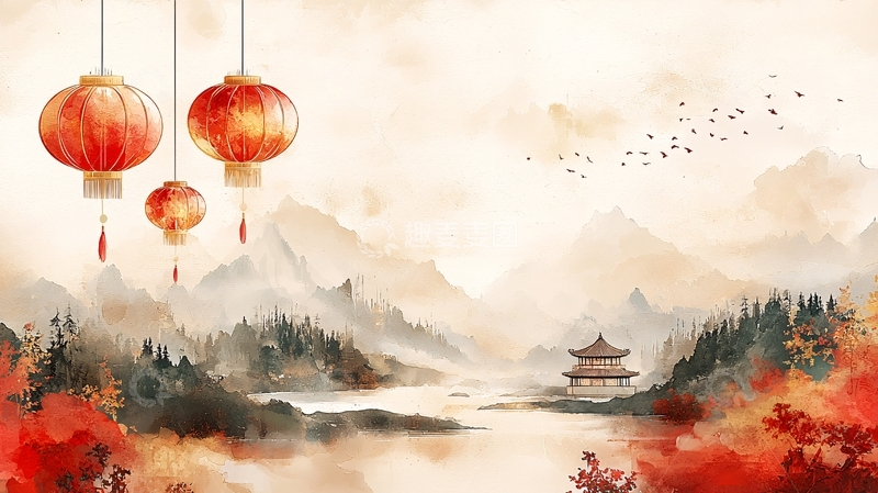 高清大图下载【趣麦麦图】水墨山水灯笼中国风意境图