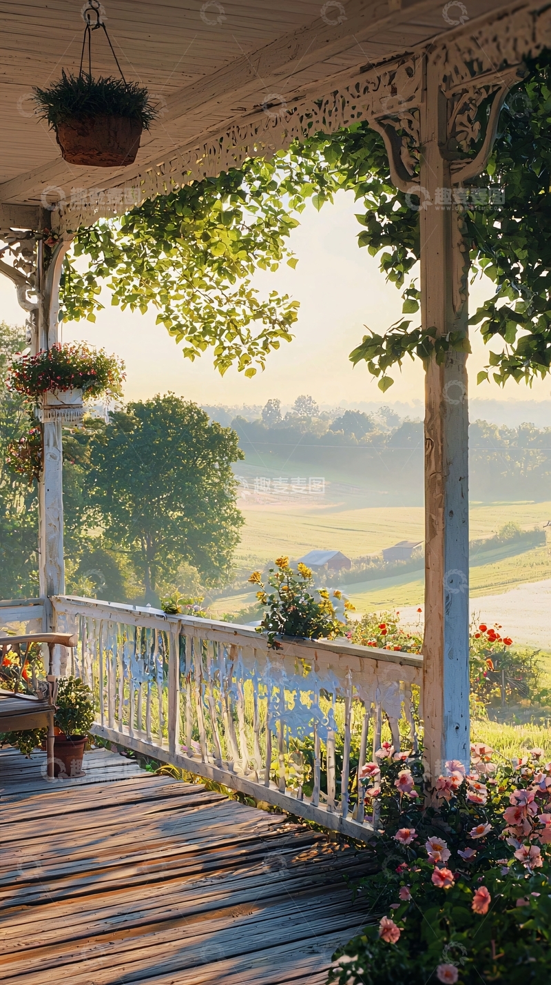 高清大图下载【趣麦麦图】乡间清晨木质阳台风景