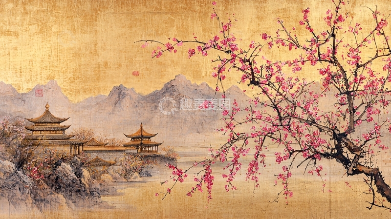 高清大图下载【趣麦麦图】古风建筑桃花山水画
