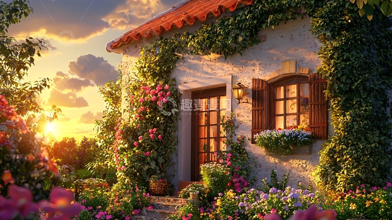 高清大图下载【趣麦麦图】夕阳下的藤蔓小屋