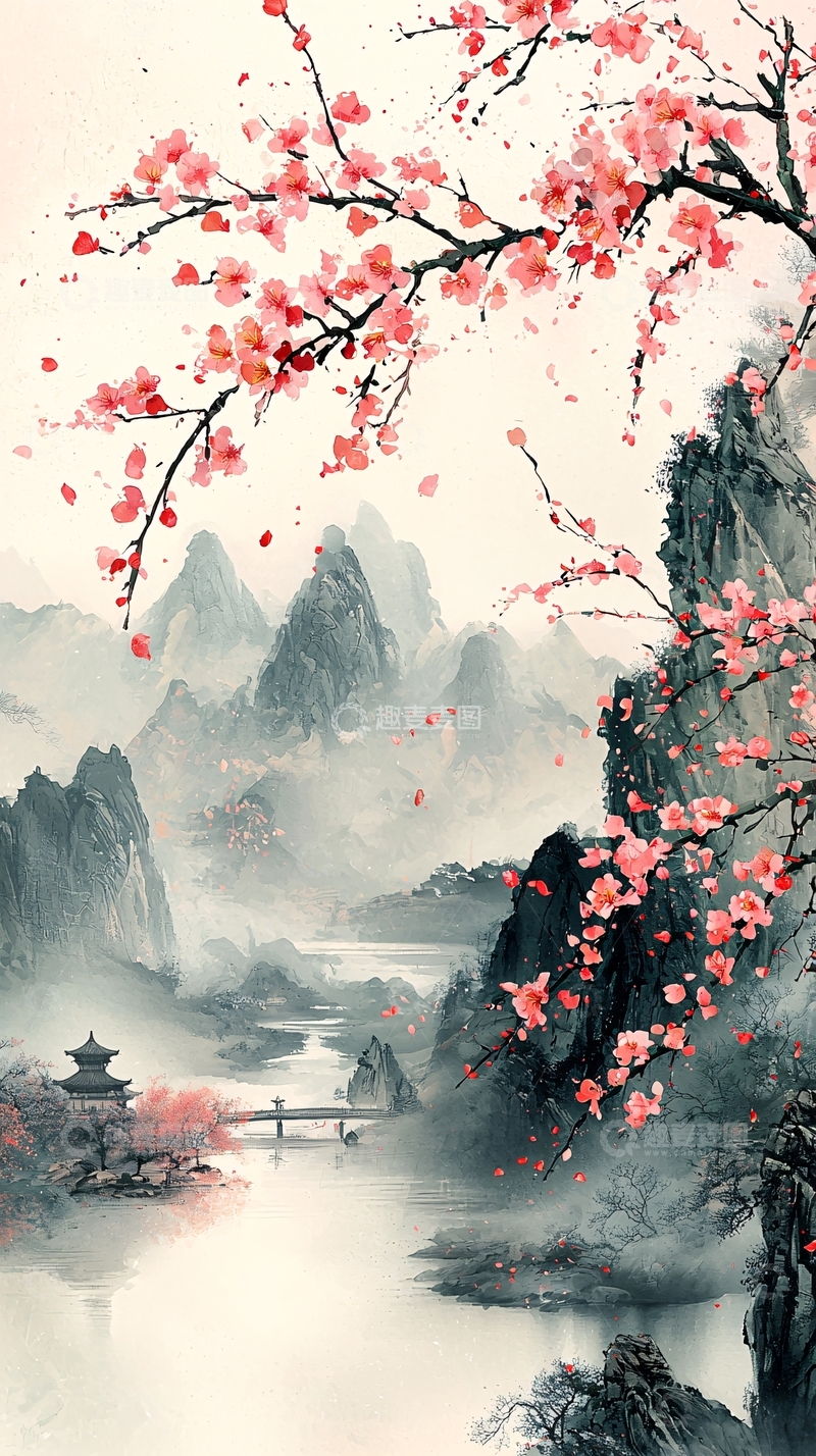 高清大图下载【趣麦麦图】山水桃花朦胧意境