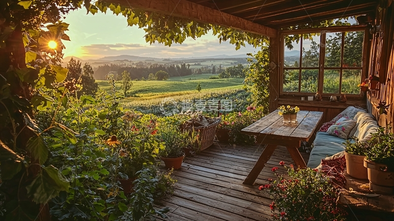 高清大图下载【趣麦麦图】清晨阳光下的木质阳台